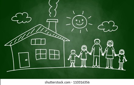 Drawing of house and family on blackboard