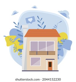 Dibujo de una casa con decoración de jardín en un vector. La imagen terminada en un estilo plano.