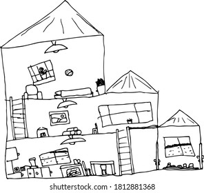 The drawing of the house and how everything is arranged inside it. House drawn by pen.