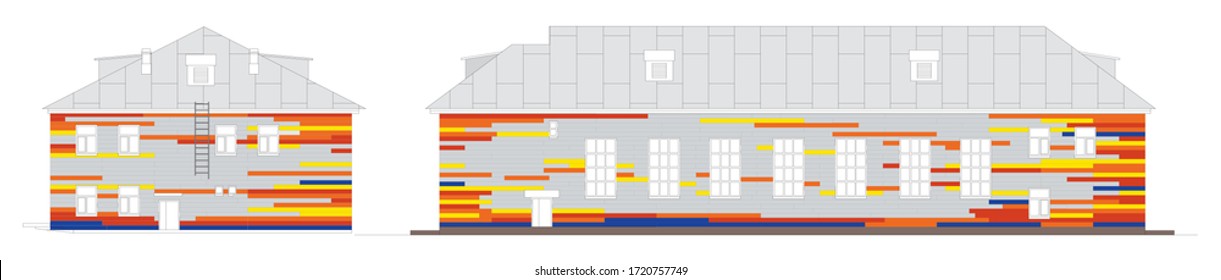 Dibujo de una casa con un lado de colores vivos. Textura de chapa metálica del edificio. forro del panel de pared. Paneles de fachada de colores vivos. aislamiento de fachadas, materiales de construcción