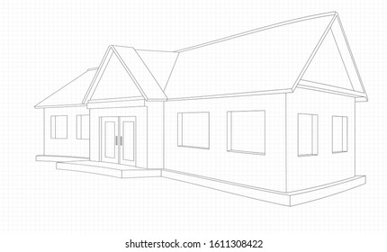 Drawing a house with lines on a squared notebook sheet