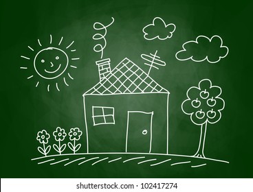 Drawing of house on blackboard
