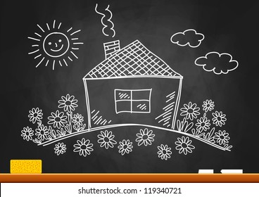 Drawing of house on blackboard