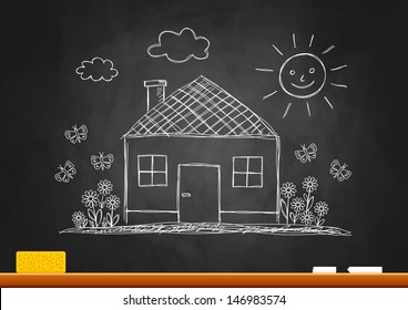 Drawing of house on blackboard