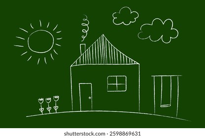 Drawing of house on blackboard. Children Protection Day