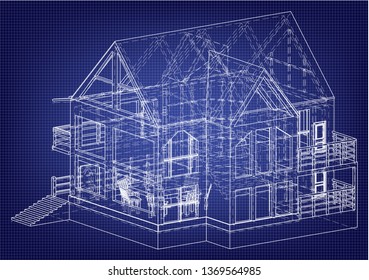 Drawing of the house on a blue background. 3d