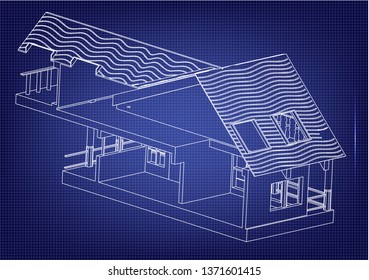 Drawing of the house on a blue background. 3d