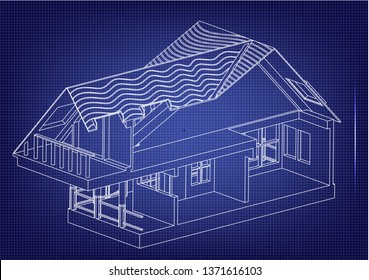 Drawing of the house on a blue background. 3d
