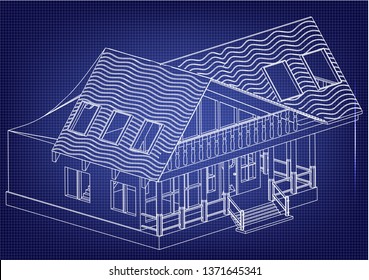 Drawing of the house on a blue background.