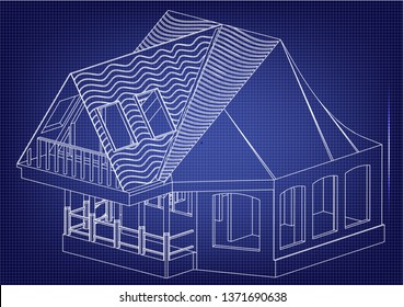 Drawing of the house on a blue background.