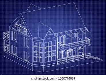 Drawing of the house on a blue background. 3d