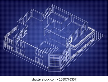 Drawing of the house on a blue background. 3d