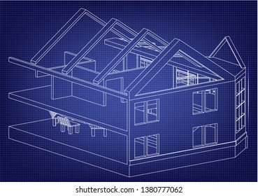 Drawing of the house on a blue background. 3d