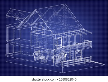 Drawing of the house on a blue background. 3d