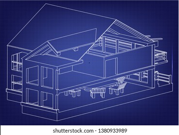 Drawing of the house on a blue background. 3d