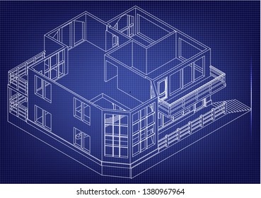 Drawing of the house on a blue background. 3d