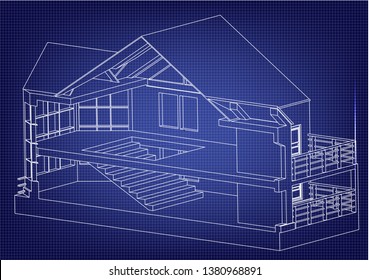 Drawing of the house on a blue background. 3d