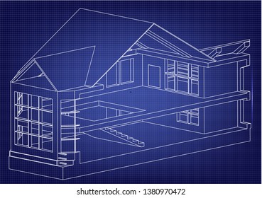 Drawing of the house on a blue background. 3d