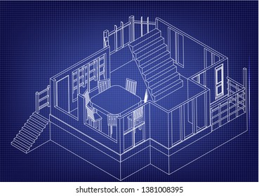 Drawing of the house on a blue background. 3d
