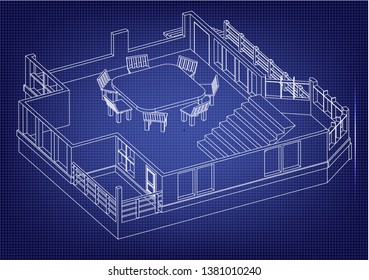 Drawing of the house on a blue background. 3d