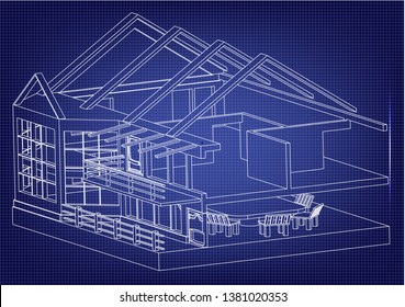 Drawing of the house on a blue background. 3d