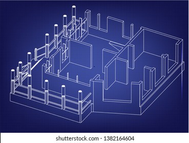 Drawing of the house on a blue background. 3d