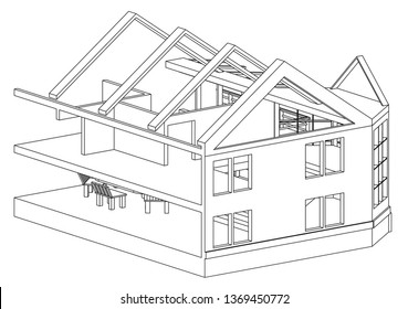 Drawing of the house on a white background. 3d