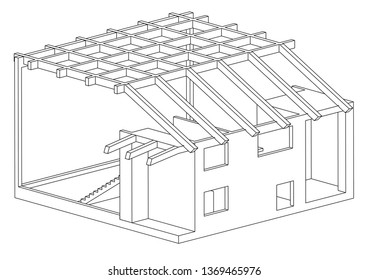 Drawing of the house on a white background. 3d