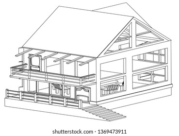Drawing of the house on a white background. 3d