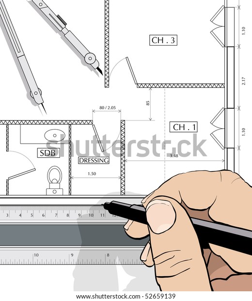 Drawing an house plan with a straight edge and\
dividers (vector)
