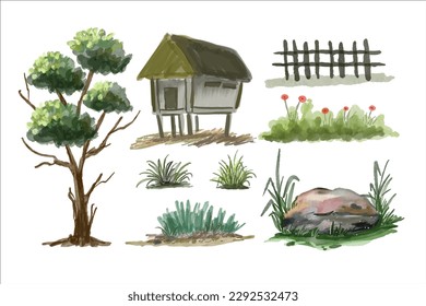 A drawing of house, tree and grass