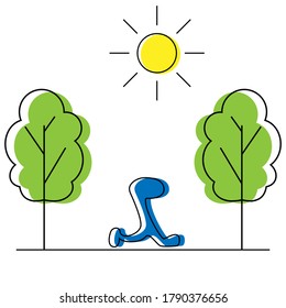 Drawing of a human figure walking between trees.