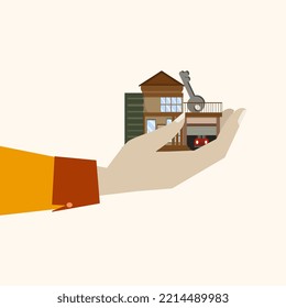 drawing of human hand holding house, house buying and selling transaction, house selection, house project, real estate concept, flat style illustration