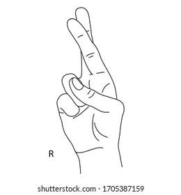 Die Zeichnung einer menschlichen Hand. R ist der achtzehnte Buchstabe des Alphabets in Zeichensprache. Der Buchstabe R Schwarz-Weiß-Zeichnung einer Hand. Taube Sprache. Vektorgrafik