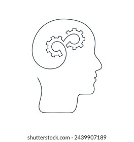 Drawing human head with gears inside in one line. Mental health and thinking concept. Single continuous line icon. Creative brain and technical process. Simple vector linear illustration.