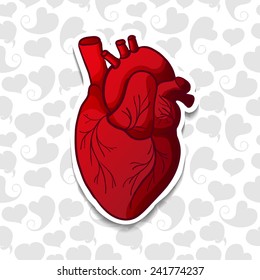 Drawing The Human Heart On Background Pattern Of Cartoon Hearts. Vector