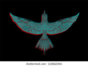 Drawing hummingbird with glitch effect. Pop art. Flying dove on the black background. 