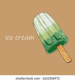 drawing of ice cream green. card with the inscription. sketch