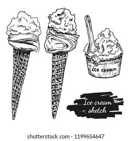 Drawing ice cream set in waffle cup. Sweet big and small ice cream sketch isolated. Italian dessert.