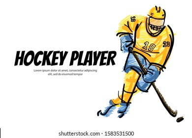 drawing of a ice hockey player shoots the puck illustration for sport banner sketch style with copy space