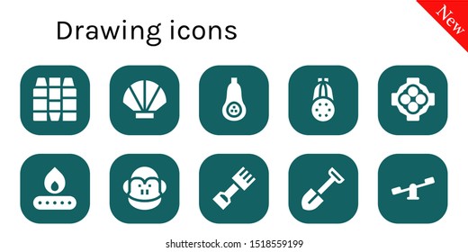 drawing icon set. 10 filled drawing icons.  Collection Of - Crayons, Seashell, Butternut squash, Courgette, Hug, Fire, Monkey, Rake, Shovel, Swings icons