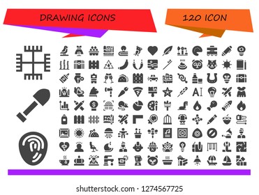  drawing icon set. 120 filled drawing icons. Simple modern icons about  - Gnosticism, Fingerprint, Shovel, Bird, Dress, Eggs, Web design, Idea, Parrot, Heart, Feather, Derrick