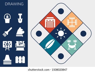 drawing icon set. 13 filled drawing icons.  Collection Of - Sun, Cone, Fence, Tactics, Paint, Brush, Cat, Champagne, Shovel, Gnosticism, Garage, Feather, Hammock icons
