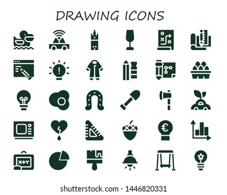 drawing icon set. 30 filled drawing icons.  Collection Of - Pelican, Car, Giralda, Wine glass, Planning, Plan, Web design, Idea, Pijama, Pencil, Drawing, Eggs, Egg, Horseshoe