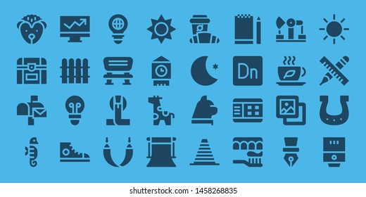 drawing icon set. 32 filled drawing icons. on blue background style Collection Of - Hedgehog, Chest, Mailbox, Seahorse, Line chart, Fence, Lightbulb, Sneakers, Bulb, Bench, Cobra