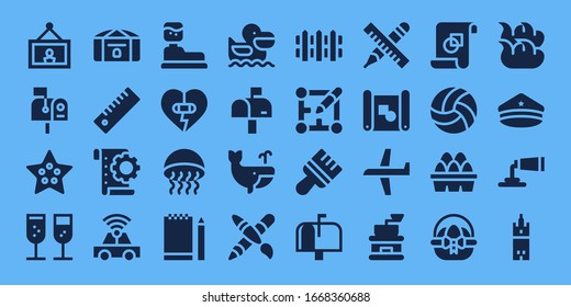 drawing icon set. 32 filled drawing icons. on blue background style Simple modern icons such as: Painting, Mailbox, Starfish, Champagne, Chest, Ruler, Planning, Car, Water tank