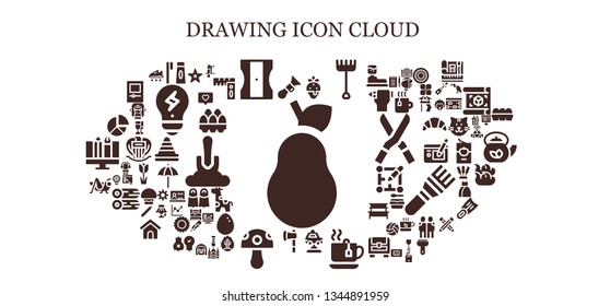 Drawing Icon Set. 93 Filled Drawing Icons.  Simple Modern Icons About  - Pear, Horn, Toothbrush, Sharpener, Strawberry, Rake, Car, Tea, Ax, Mushroom, Grasshopper, Pie Chart, Starfish