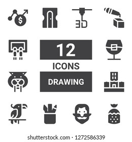 drawing icon set. Collection of 12 filled drawing icons included Strawberry, Ginger, Pencil case, Parrot, Flood, Saber toothed tiger, Whiskey, Sharpener, d printer, Painting, Chart