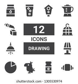 drawing icon set. Collection of 12 filled drawing icons included Croissant, Paint tube, Parrot, Pie chart, Lamp, Bird cage, Water, Blender, d printer, Jam, Aviary