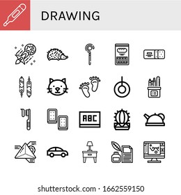 drawing icon set. Collection of Thermometer, Light, Hedgehog, Sceptre, Cracker, Feathers, Cat, Footprint, Swing, Pencil box, Toothbrush, Blackboard, Cactus, Teapot, Geometry icons